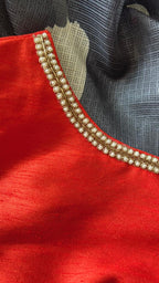 Grey kota doria saree with reddish hand worked blouse