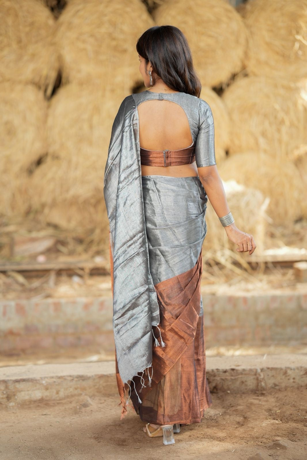 Silver grey brown soft tissue saree with handwork blouse