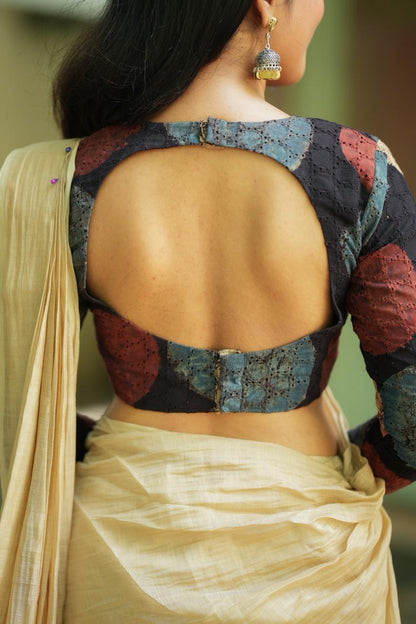 Cream malai chanderi saree with Ajrak handblock print blouse