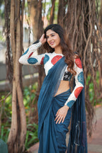 Blue mul chanderi saree with embroidery ajrak blouse