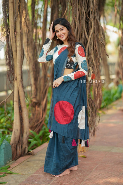 Blue mul chanderi saree with embroidery ajrak blouse