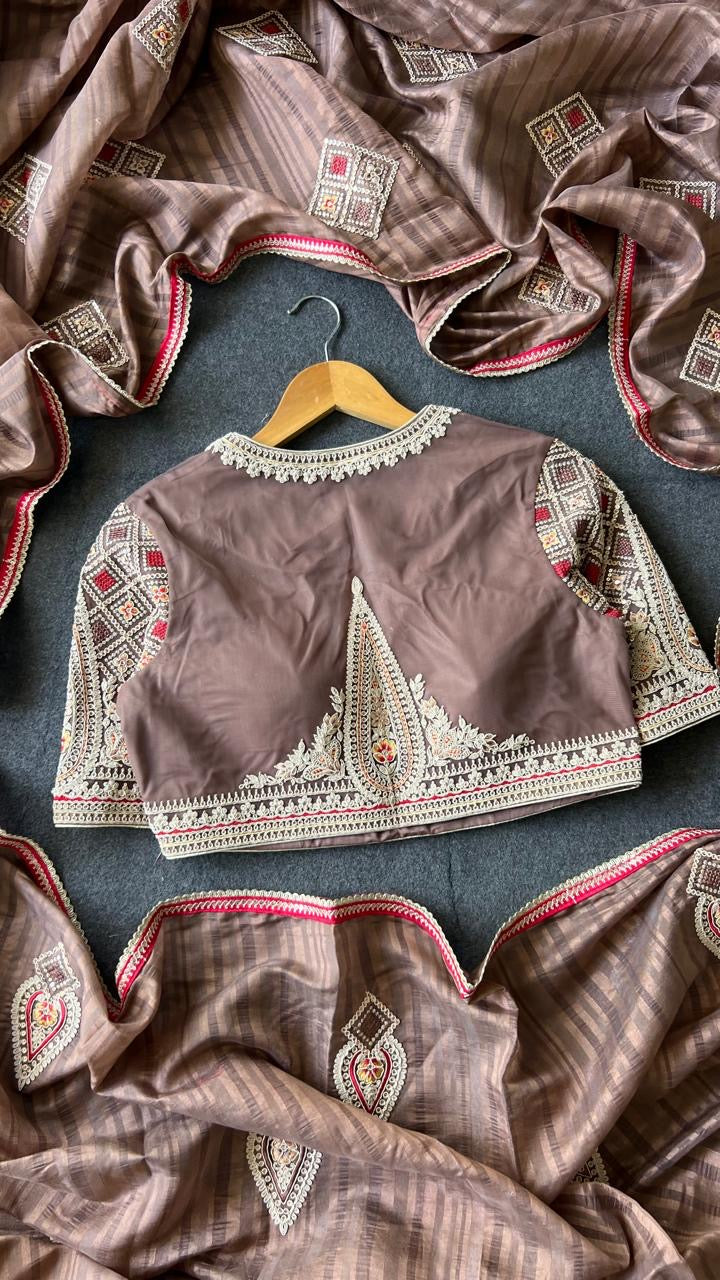 Caramel muslin silk embroidery saree with blouse