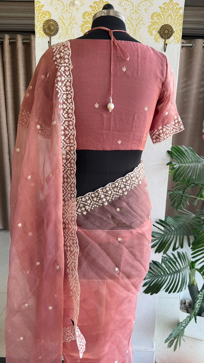 Peach tissue saree with tissue embroidery blouse