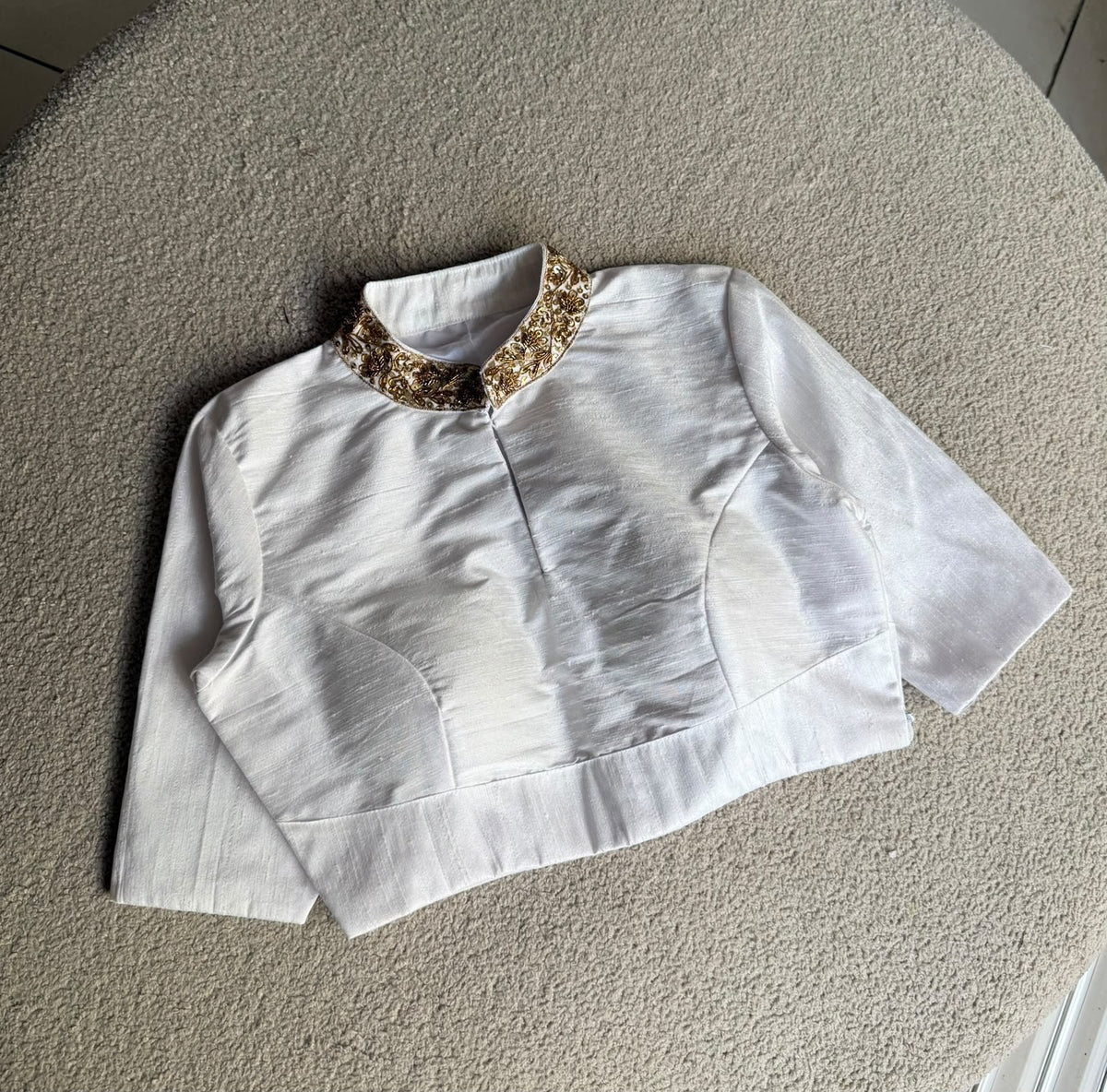 White silk collar hand work blouse