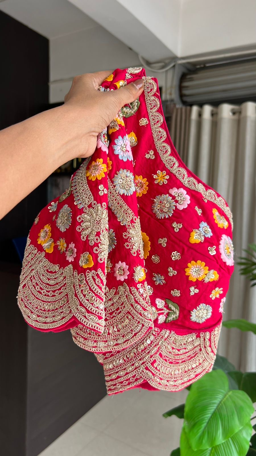 Half white banarasi saree with deep pink silk hand embroidery blouse