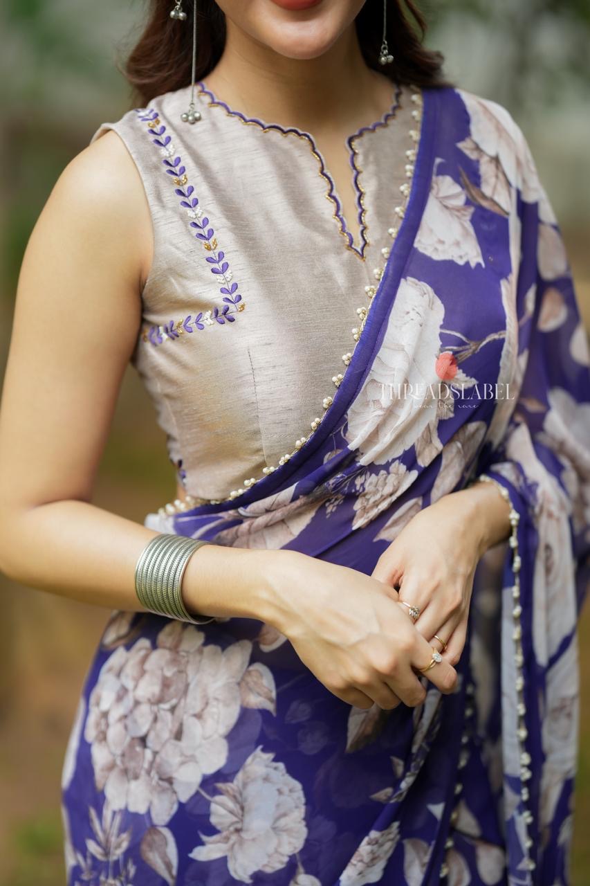 Purple chiffon floral saree with hand work blouse