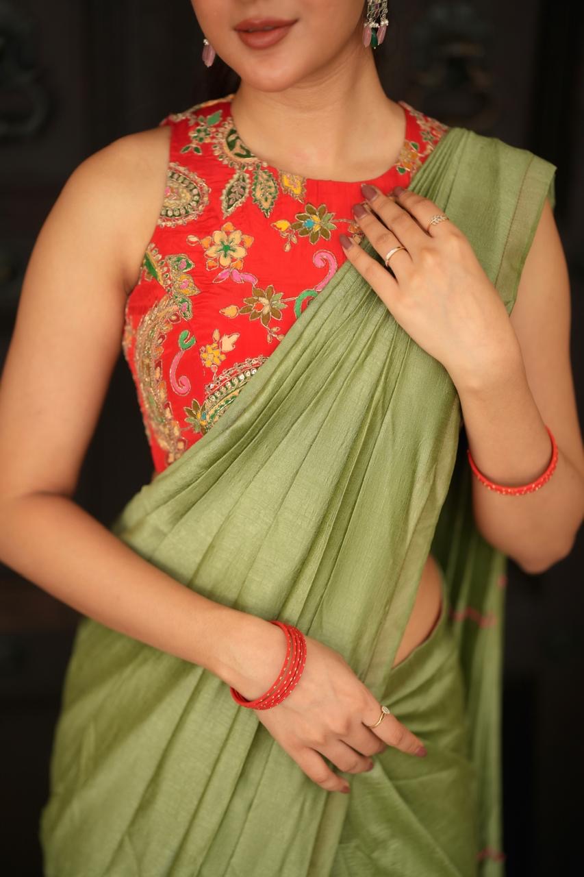 Green marble silk saree with heavy embroidery blouse