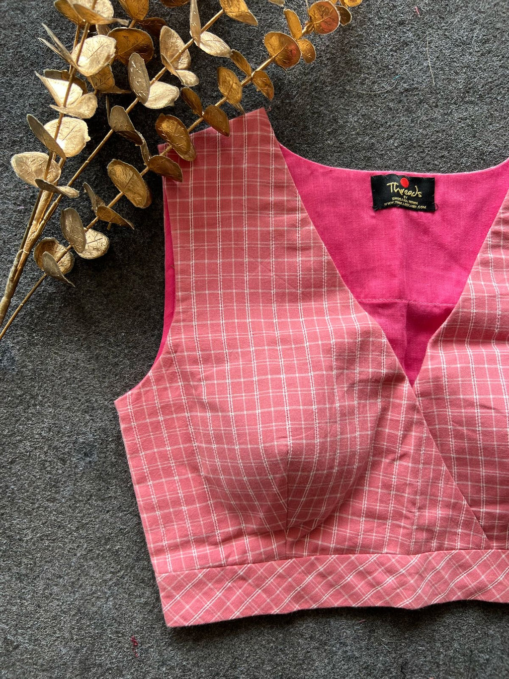 Pink checked printed cotton blouse