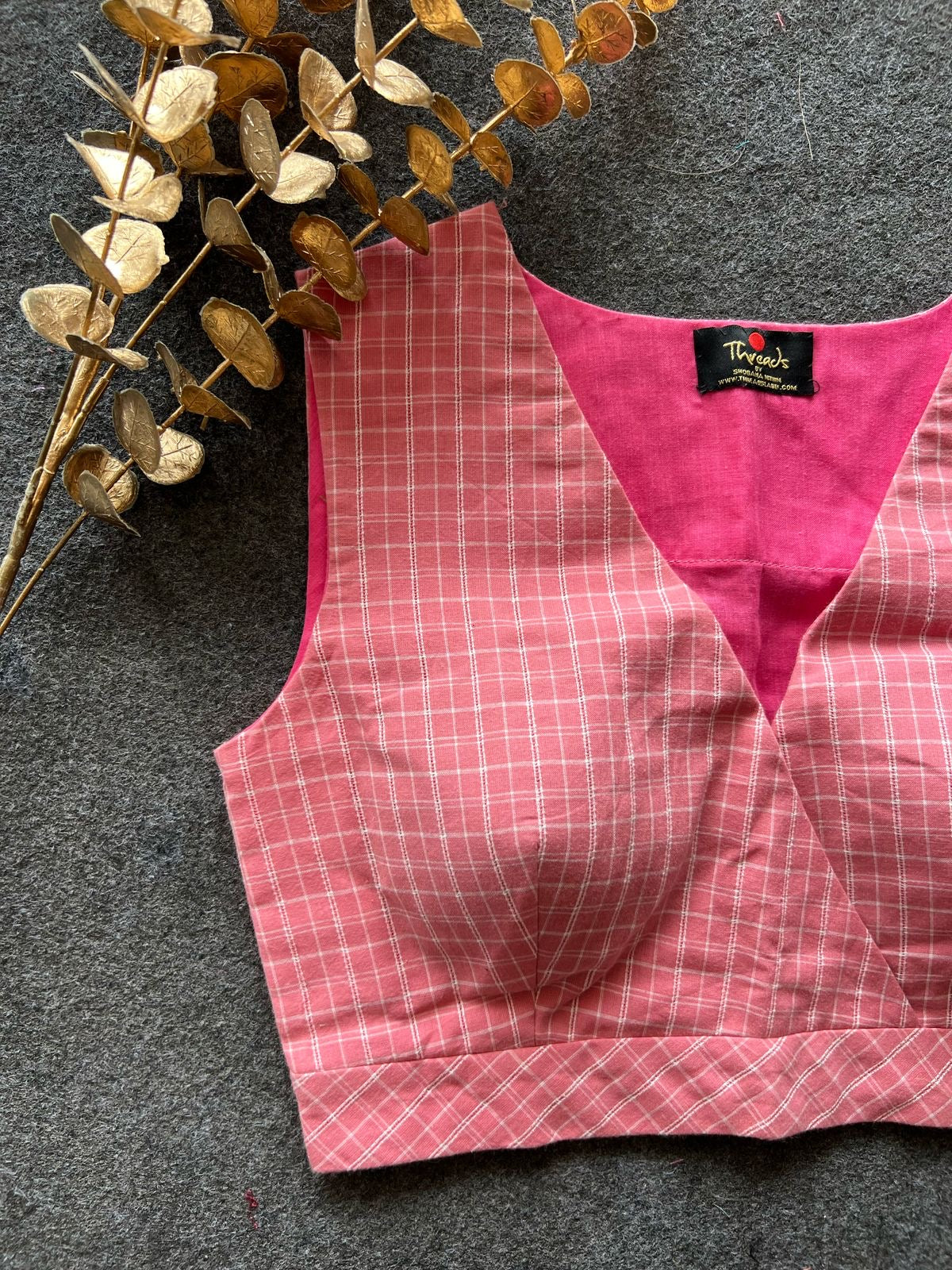 Pink checked printed cotton blouse