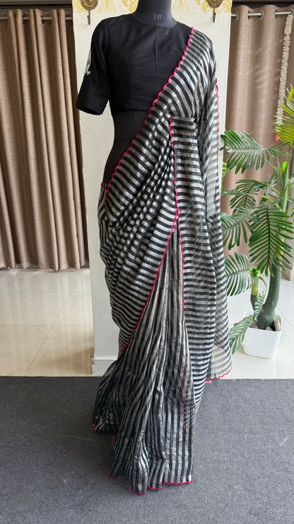 Black & silver stripped tissue saree with bird work blouse