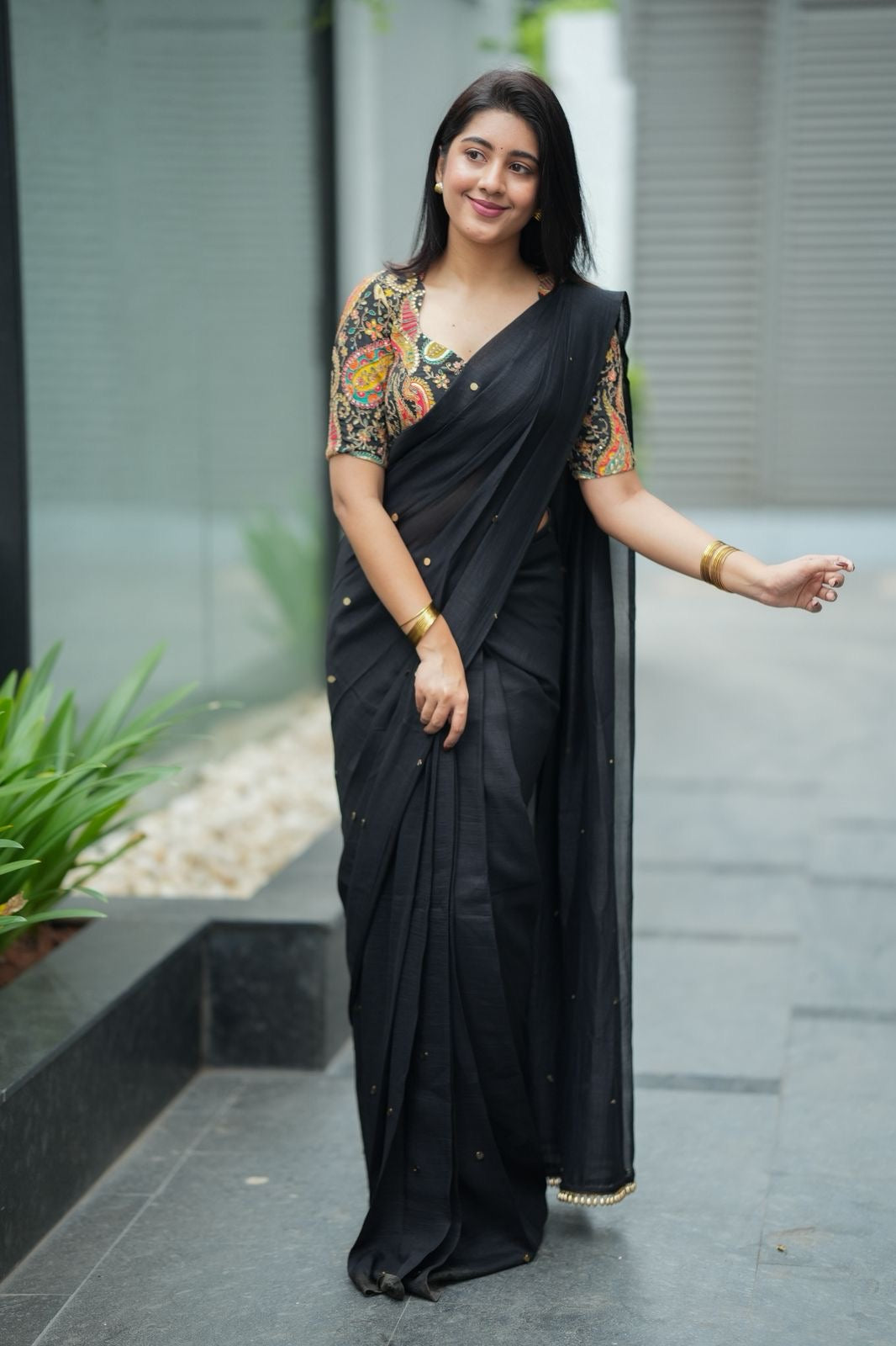 Black malai chanderi saree with heavy embroidery blouse