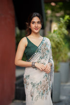 Half white chiffon floral saree with hand work blouse