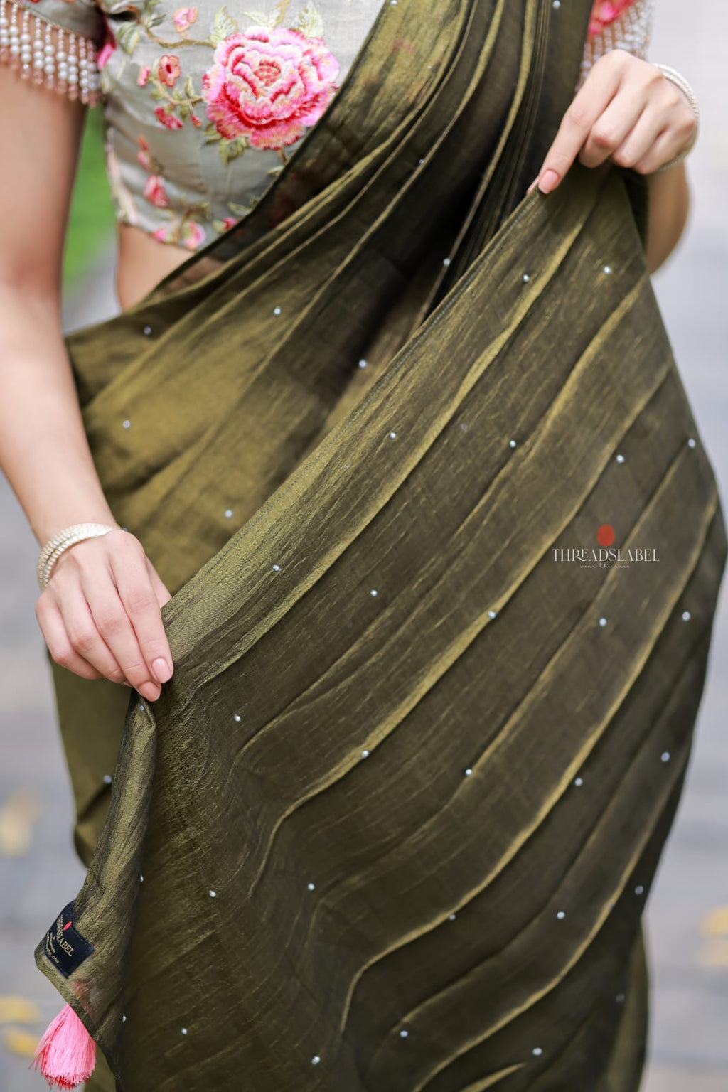 Bottle green Marble Saree with Handwork Blouse