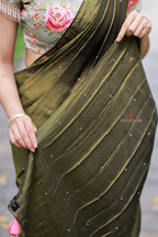 Bottle green Marble Saree with Handwork Blouse