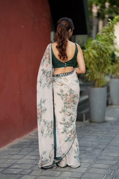 Half white chiffon floral saree with hand work blouse