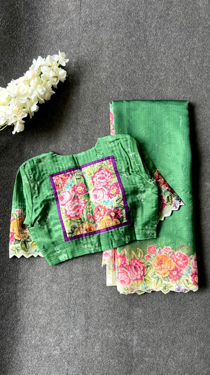 Green floral kota doria saree with patterned blouse