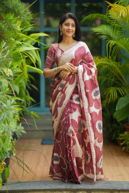 Brown linen floral saree with hand work blouse