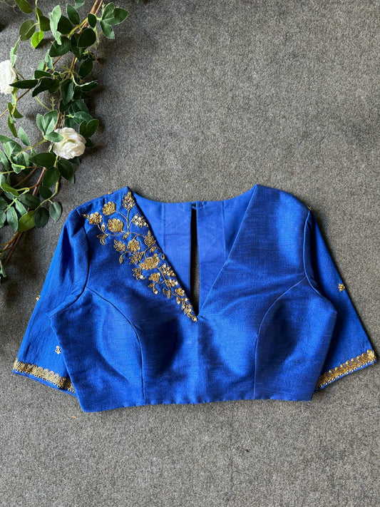 Blue silk shoulder hand worked blouse