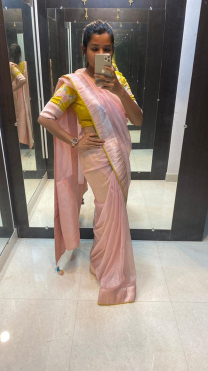 Organza peach designer saree with embroidery worked blouse - Threads