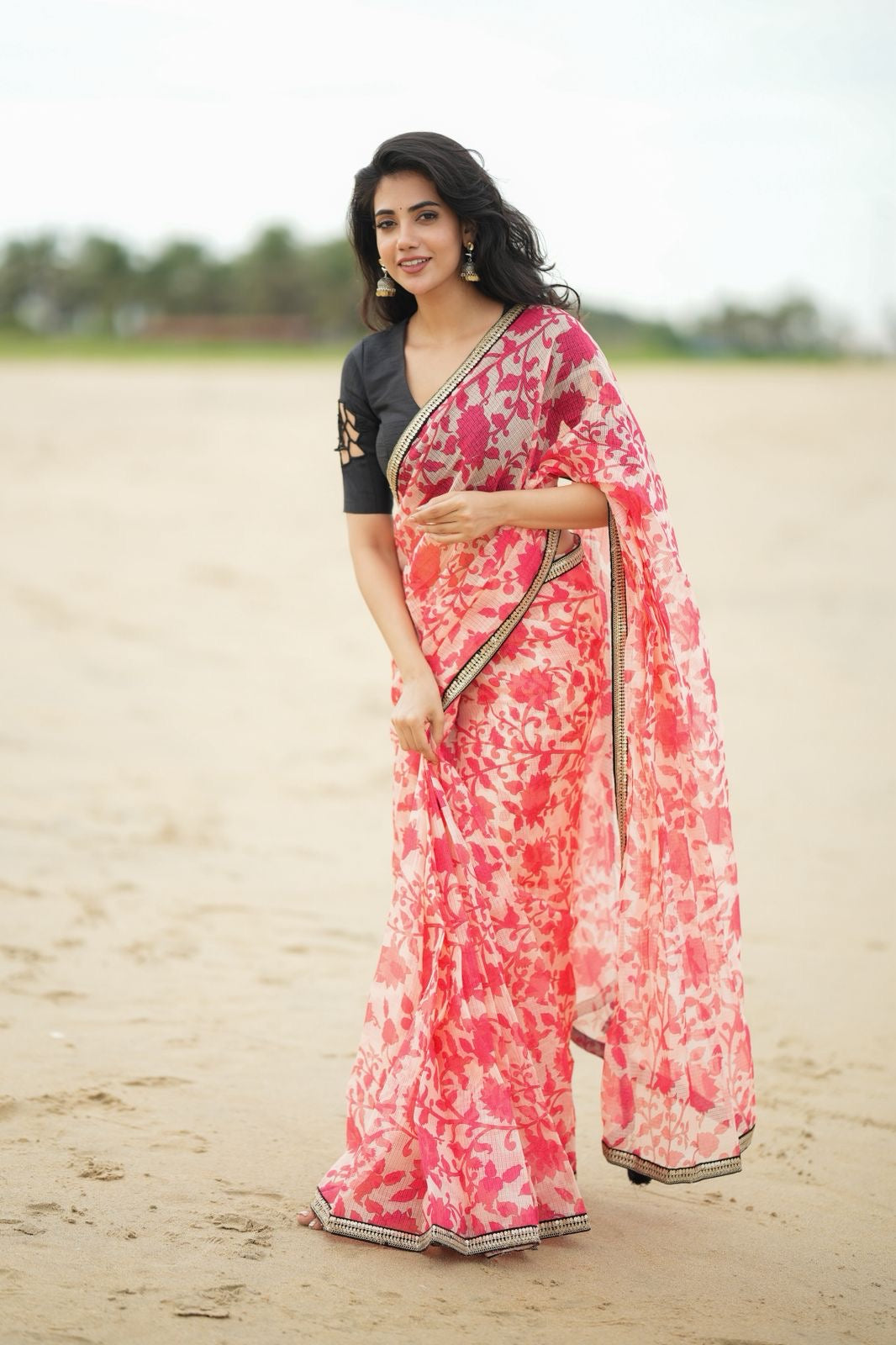 Cream red kota saree with silk hand work blouse