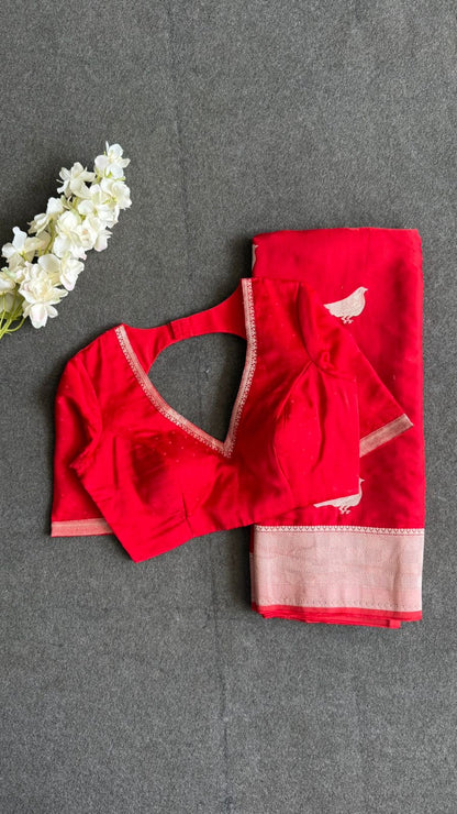 Red malai silk saree with zari work blouse