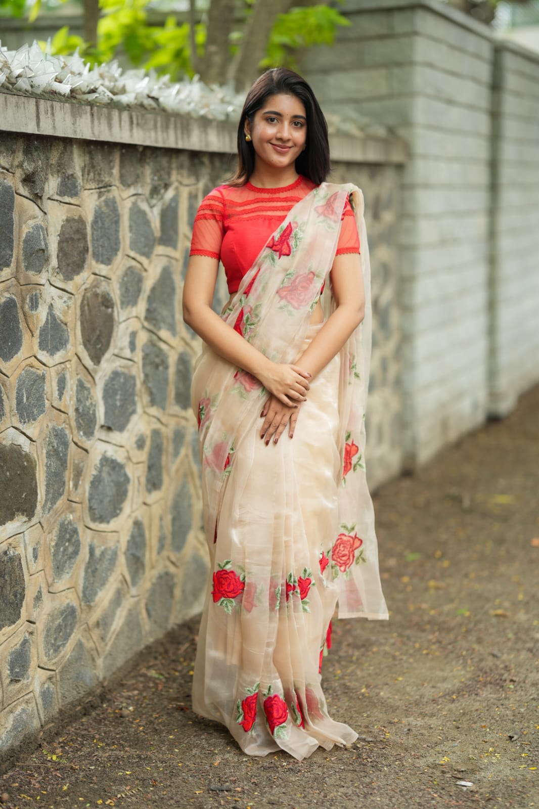Glossy organza saree with red embroidery blouse