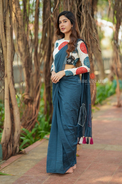 Blue mul chanderi saree with embroidery ajrak blouse