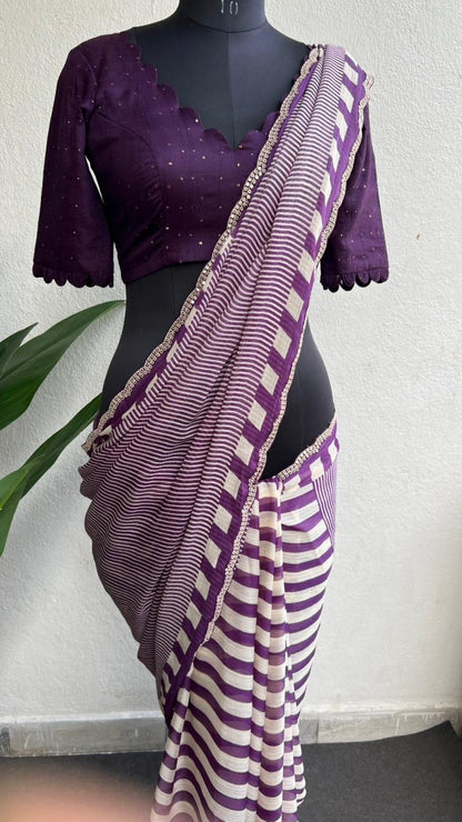 Deep wine chiffon saree with patterned blouse