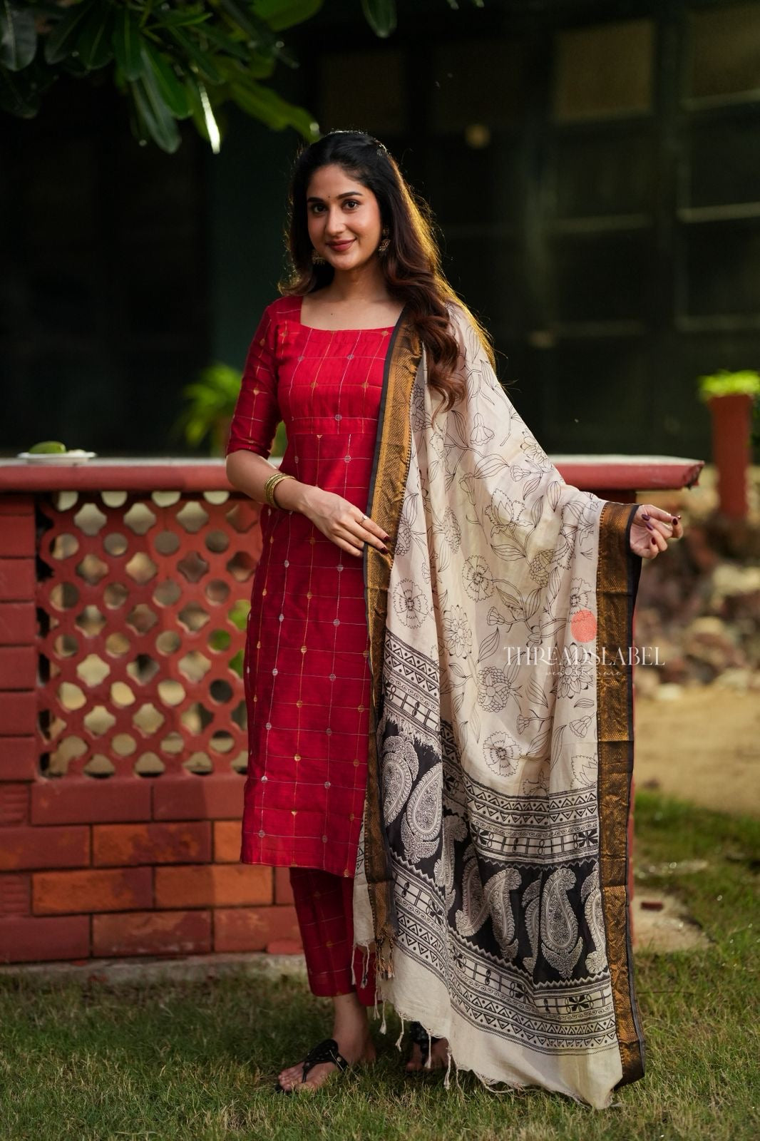Red checked zari woven kurti