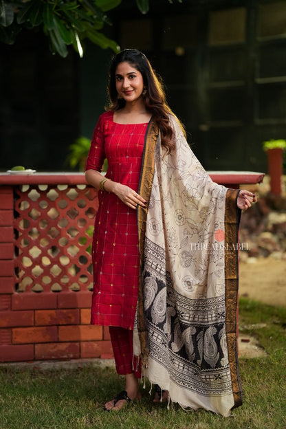Red checked zari woven kurti