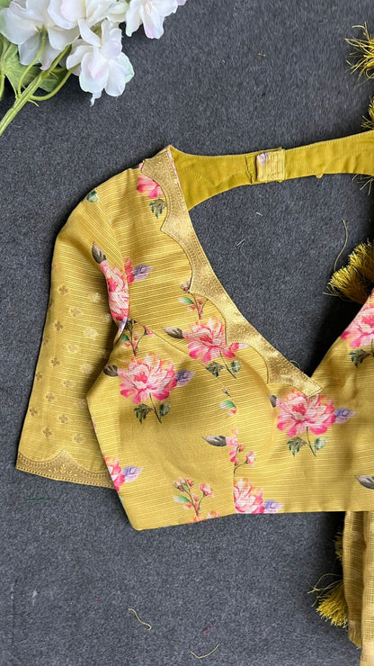 Yellow kota floral saree with blouse