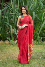 Maroon soft organza saree with kalamkari blouse