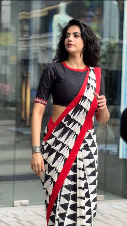 Black & white triangle cotton designer saree