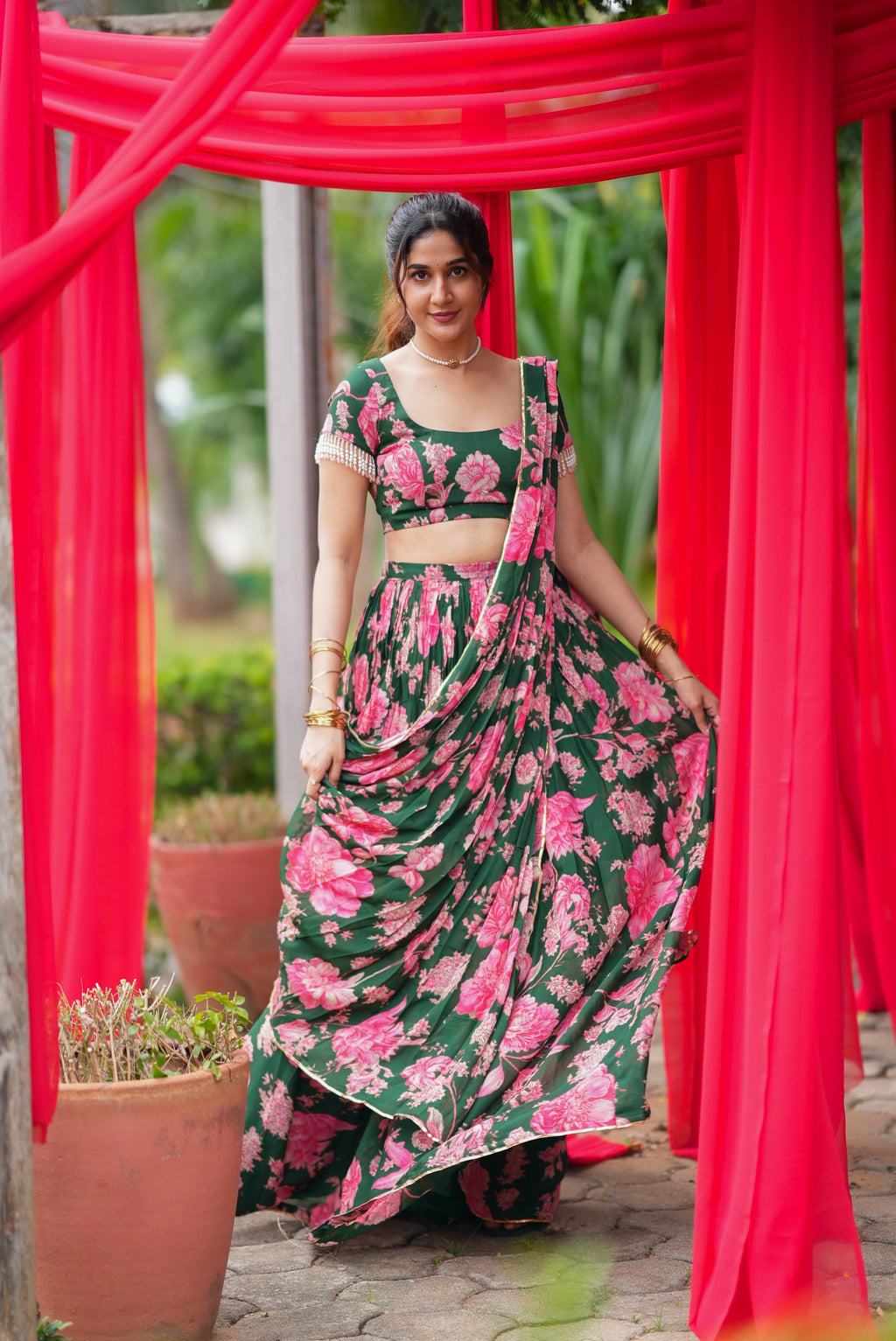 Green floral georgette handwork lehenga