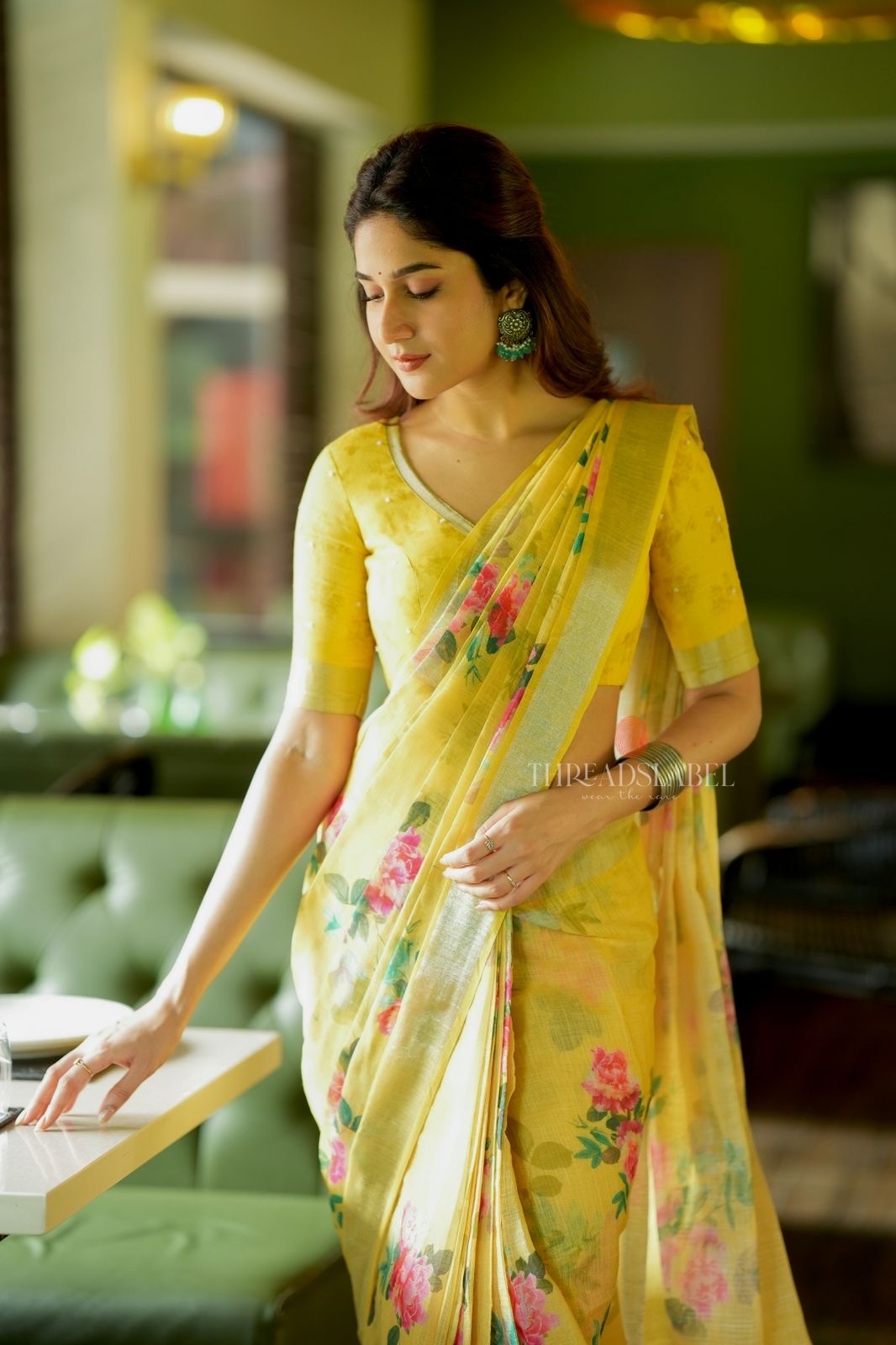 Yellow linen cotton saree with hand work blouse