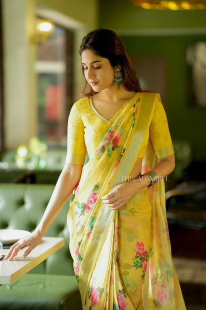 Yellow linen cotton saree with hand work blouse
