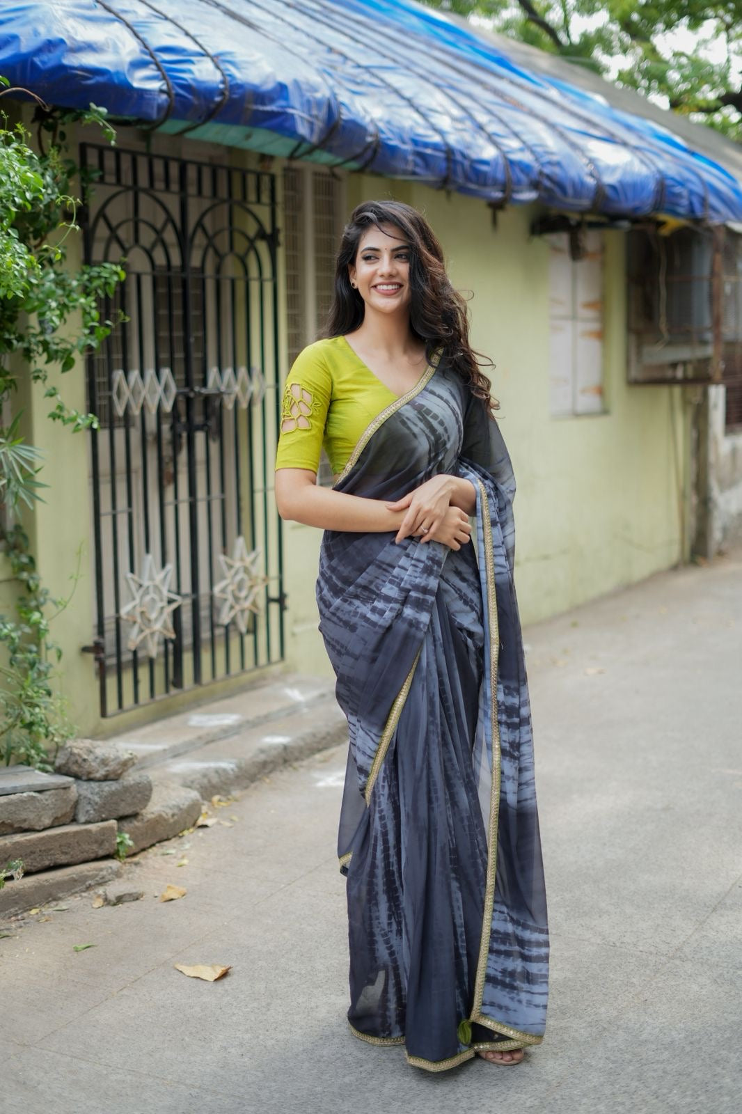 Blue grey georgette saree with silk hand work blouse