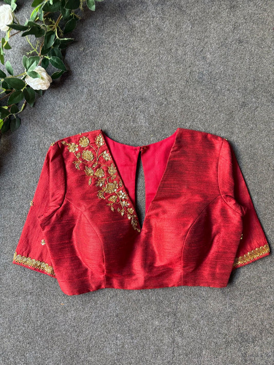 Red silk shoulder hand worked blouse