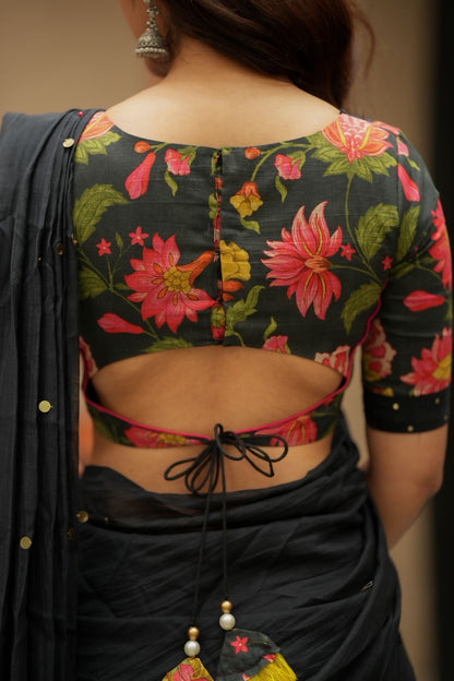 Black chanderi cotton floral print blouse (only blouse)