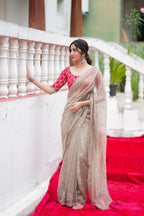 Grey tissue saree with red banarasi blouse