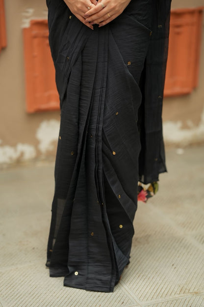 Black chanderi cotton floral print blouse (only blouse)