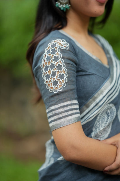 Grey linen floral printed designer saree