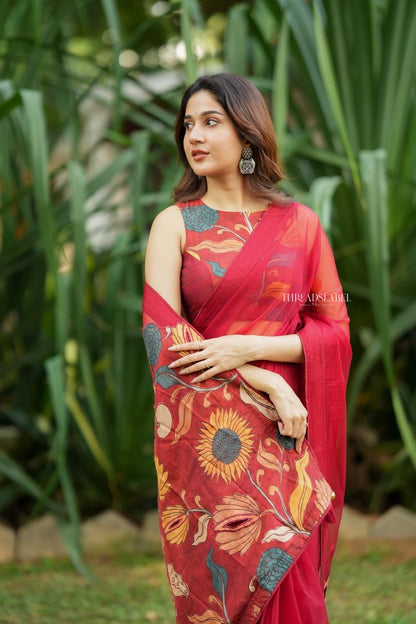 Maroon soft organza saree with kalamkari blouse