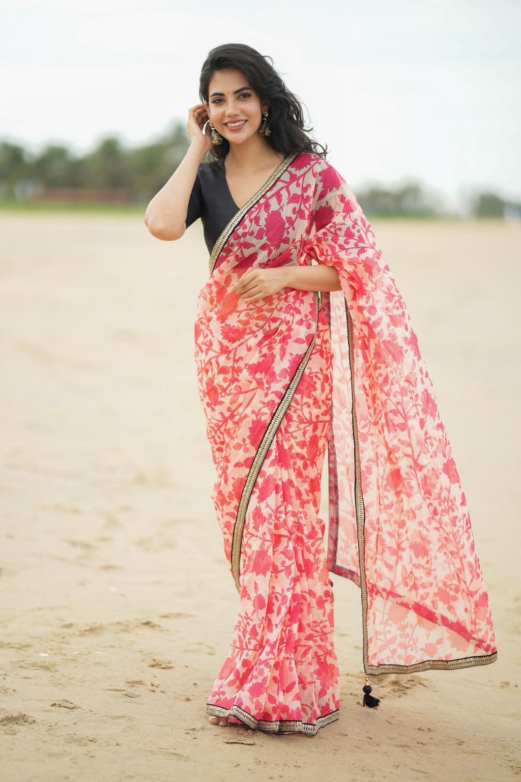 Cream red kota saree with silk hand work blouse