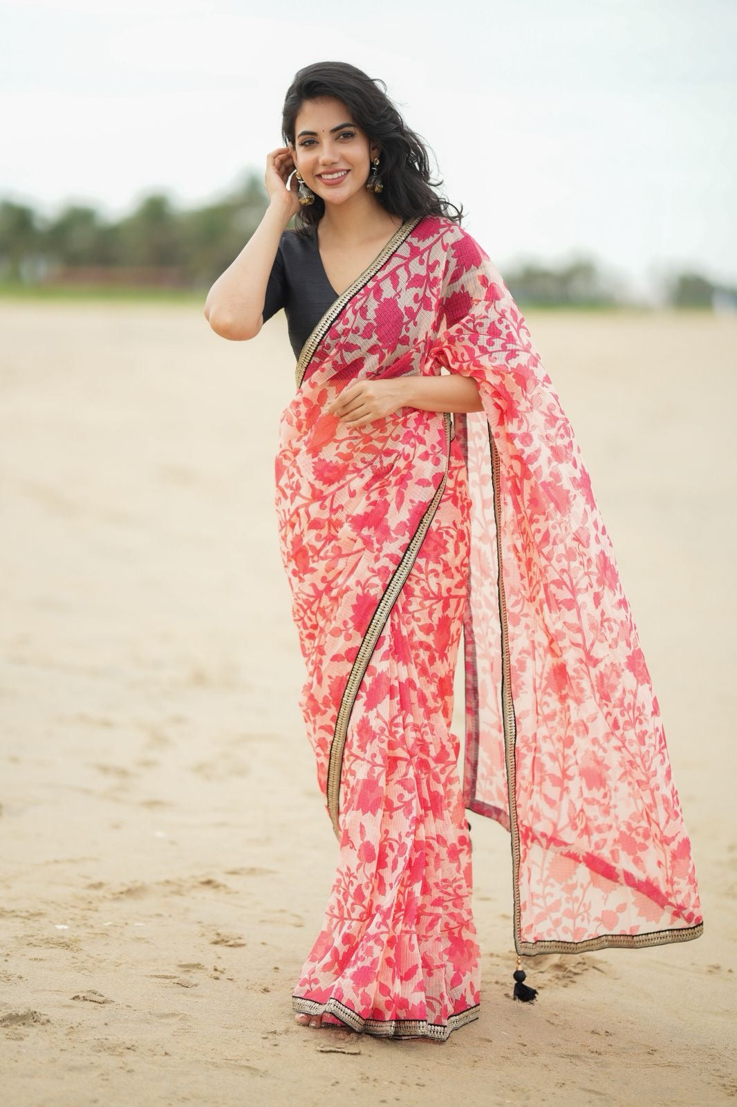 Cream red kota saree with silk hand work blouse