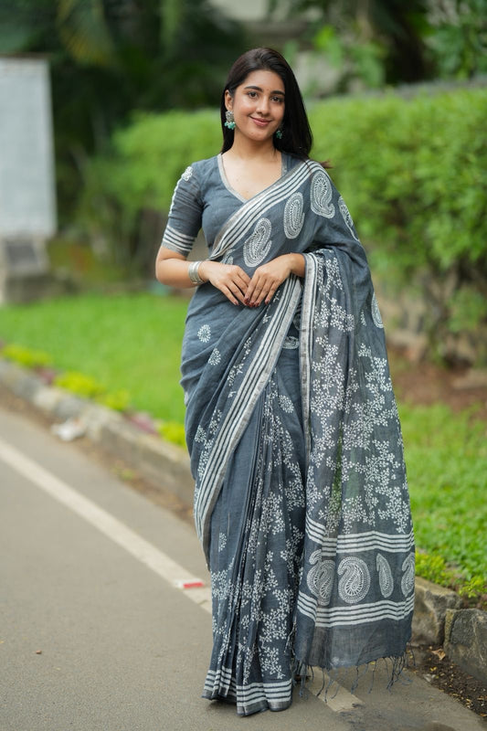 Grey linen floral printed designer saree
