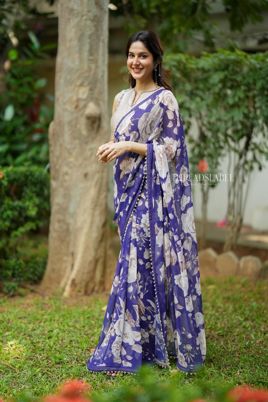 Purple chiffon floral saree with hand work blouse