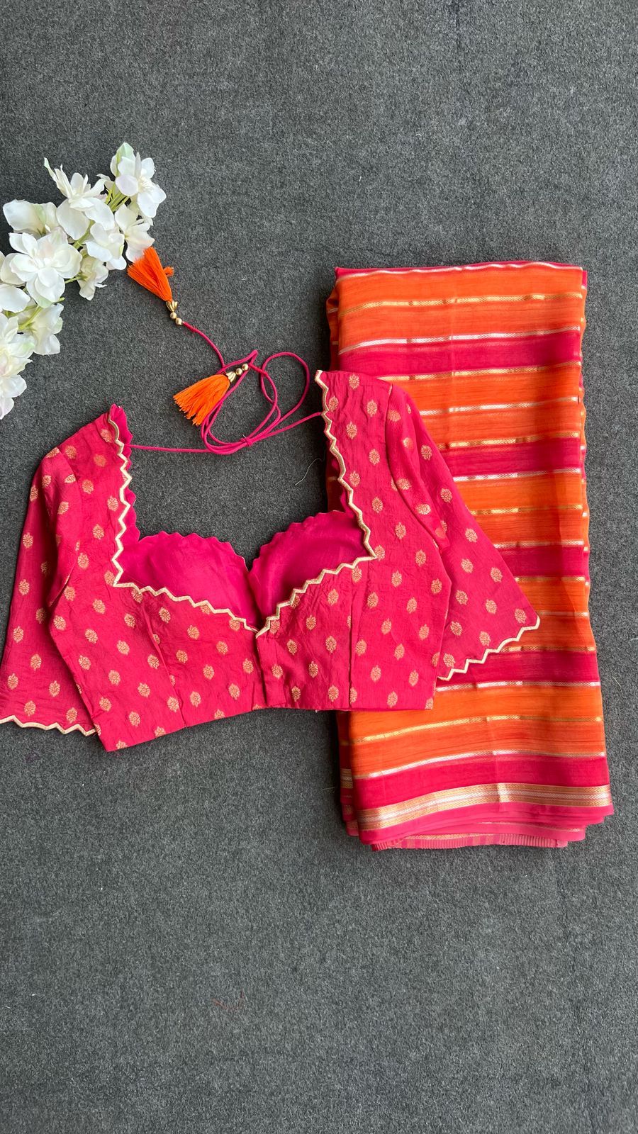 Pink & orange stripped soft organza saree with banarasi hand work blouse