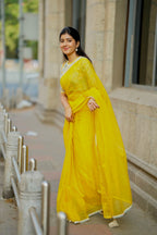 Yellow checked organza with floral cotton blouse