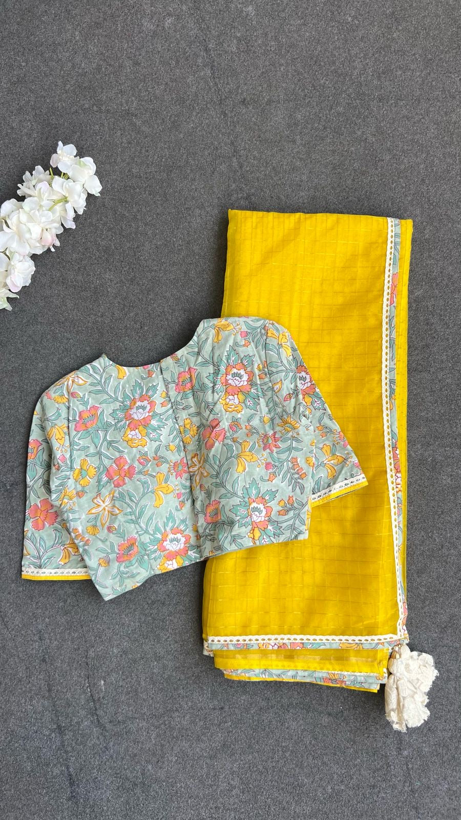 Yellow checked organza with floral cotton blouse